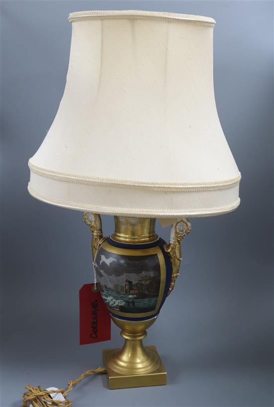 A 19th century French Paris area two handled vase, fitted as table lamp height incl. shade 61cm